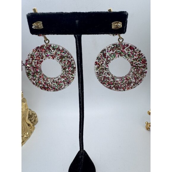 FASHION ACRYLIC CONFETTI ROUND RAINBOW DANGLE PIERCED EARRINGS - Picture 3 of 10